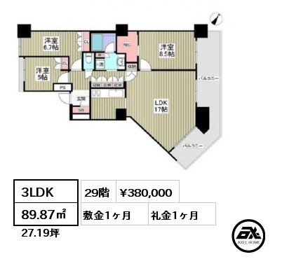 3LDK 89.87㎡ 29階 賃料¥380,000 敷金1ヶ月 礼金1ヶ月 5/17以降入居予定