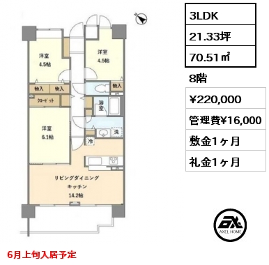 3LDK 70.51㎡ 8階 賃料¥220,000 管理費¥16,000 敷金1ヶ月 礼金1ヶ月 6月上旬入居予定