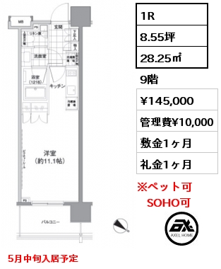 1R 28.25㎡ 9階 賃料¥145,000 管理費¥10,000 敷金1ヶ月 礼金1ヶ月 5月中旬入居予定　　　　