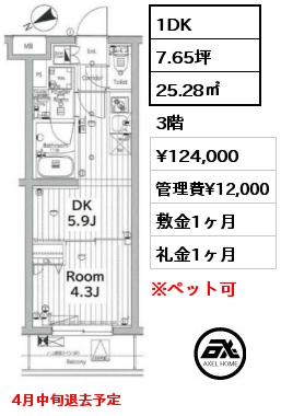 1DK 25.28㎡ 3階 賃料¥125,000 管理費¥12,000 敷金1ヶ月 礼金1ヶ月 4月中旬退去予定