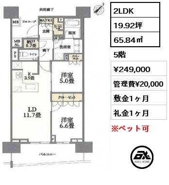2LDK 65.84㎡ 2階 賃料¥310,000 管理費¥20,000 敷金1ヶ月 礼金1ヶ月