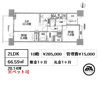 2LDK 66.59㎡ 10階 賃料¥285,000 管理費¥15,000 敷金1ヶ月 礼金1ヶ月
