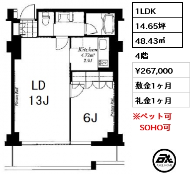 1LDK 48.43㎡ 4階 賃料¥267,000 敷金1ヶ月 礼金1ヶ月 5月中旬入居予定