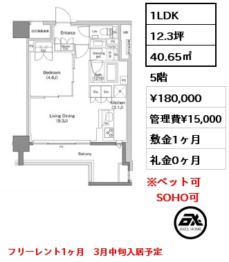 1LDK 40.65㎡ 5階 賃料¥180,000 管理費¥15,000 敷金1ヶ月 礼金0ヶ月 フリーレント1ヶ月　3月中旬入居予定