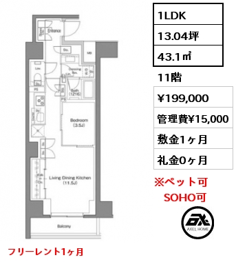 1LDK 43.1㎡ 11階 賃料¥199,000 管理費¥15,000 敷金1ヶ月 礼金0ヶ月 フリーレント1ヶ月　
