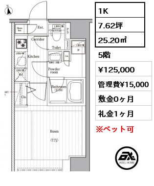 間取り3 1K 25.20㎡ 5階 賃料¥125,000 管理費¥15,000 敷金0ヶ月 礼金1ヶ月 5/2以降入居可能　