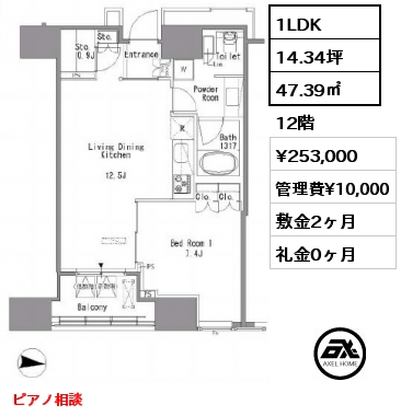 1SLDK 47.39㎡ 12階 賃料¥253,000 管理費¥10,000 敷金2ヶ月 礼金0ヶ月 ピアノ相談