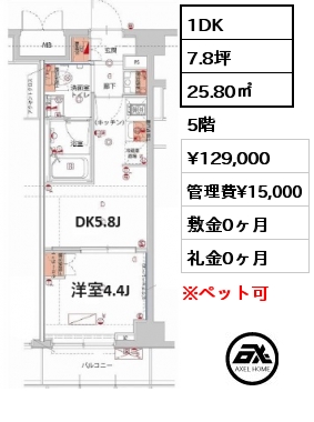 1DK 25.80㎡ 5階 賃料¥131,000 管理費¥15,000 敷金0ヶ月 礼金1ヶ月 5/19以降入居可能