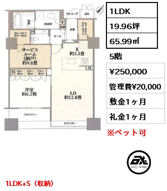 1LDK 65.99㎡ 5階 賃料¥260,000 管理費¥20,000 敷金1ヶ月 礼金1ヶ月 4月上旬入居予定　1LDK+S（収納）