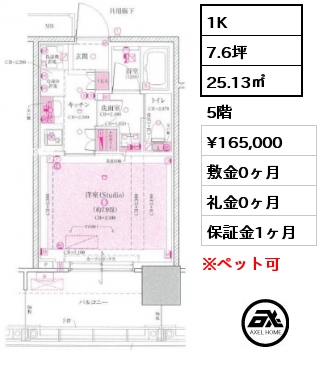 1K 25.13㎡ 5階 賃料¥165,000 敷金0ヶ月 礼金0ヶ月