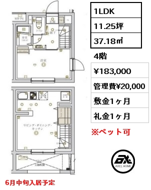 1LDK 37.18㎡ 4階 賃料¥183,000 管理費¥20,000 敷金1ヶ月 礼金1ヶ月 6月中旬入居予定