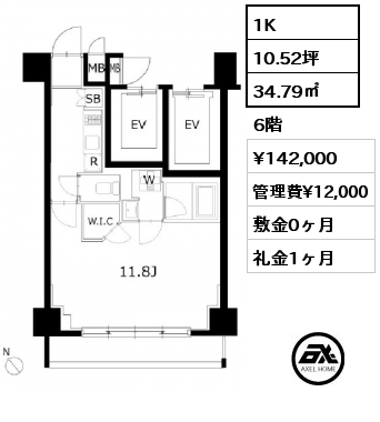 1K 34.79㎡ 6階 賃料¥142,000 管理費¥12,000 敷金0ヶ月 礼金1ヶ月