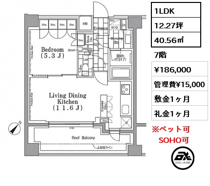 1LDK 40.56㎡ 7階 賃料¥186,000 管理費¥15,000 敷金1ヶ月 礼金1ヶ月 6月上旬入居予定