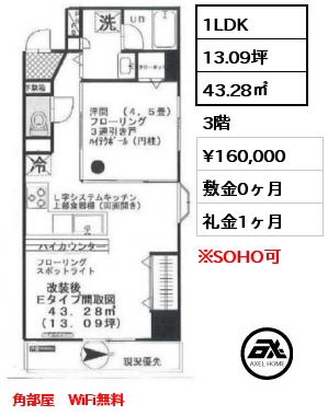 1LDK 43.28㎡ 3階 賃料¥160,000 敷金0ヶ月 礼金1ヶ月 角部屋　WiFi無料
