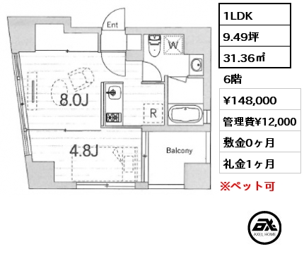 1LDK 31.36㎡ 6階 賃料¥148,000 管理費¥12,000 敷金0ヶ月 礼金1ヶ月