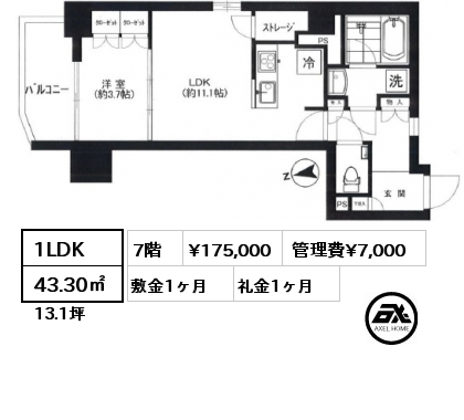間取り5 1LDK 43.30㎡ 7階 賃料¥175,000 管理費¥7,000 敷金1ヶ月 礼金1ヶ月 　　