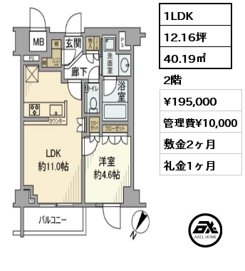 1LDK 40.19㎡ 2階 賃料¥195,000 管理費¥10,000 敷金2ヶ月 礼金1ヶ月