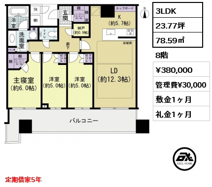 3LDK 78.59㎡ 8階 賃料¥380,000 管理費¥30,000 敷金1ヶ月 礼金1ヶ月 定期借家4年　