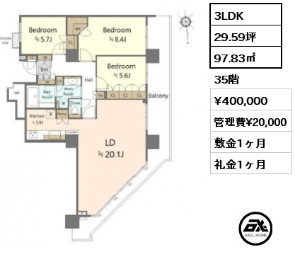 3LDK 97.83㎡ 35階 賃料¥400,000 管理費¥20,000 敷金1ヶ月 礼金1ヶ月