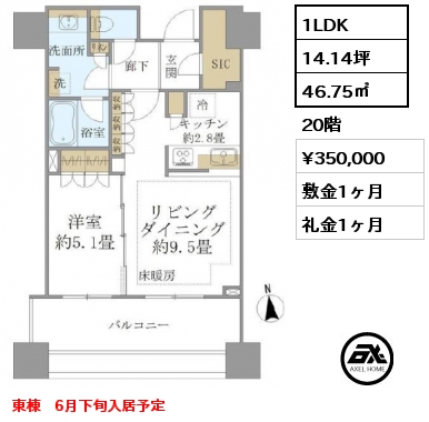 1LDK 46.75㎡ 20階 賃料¥350,000 敷金1ヶ月 礼金1ヶ月 東棟　6月下旬入居予定