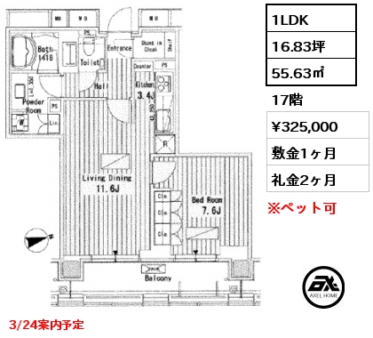間取り6 1LDK 55.63㎡ 17階 賃料¥325,000 敷金1ヶ月 礼金2ヶ月 3/24案内予定