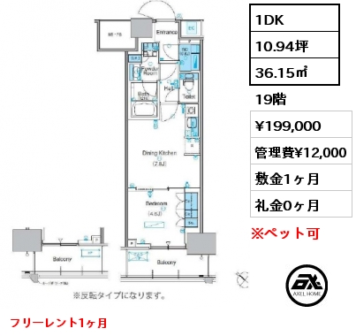 1DK 36.15㎡ 19階 賃料¥199,000 管理費¥12,000 敷金1ヶ月 礼金0ヶ月 フリーレント1ヶ月