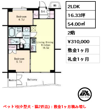 2LDK 54.00㎡ 2階 賃料¥310,000 敷金1ヶ月 礼金1ヶ月