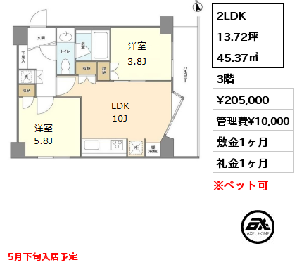 間取り8 2LDK 45.37㎡ 3階 賃料¥205,000 管理費¥10,000 敷金1ヶ月 礼金1ヶ月 5月下旬入居予定