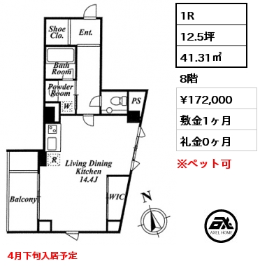 間取り9 1R 41.31㎡ 8階 賃料¥172,000 敷金1ヶ月 礼金0ヶ月 4月下旬入居予定