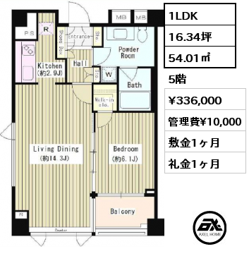 間取り9 1LDK 54.01㎡ 5階 賃料¥336,000 管理費¥10,000 敷金1ヶ月 礼金1ヶ月 　