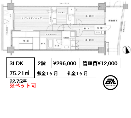 間取り1 3LDK 75.21㎡  賃料¥296,000 管理費¥12,000 敷金1ヶ月 礼金1ヶ月