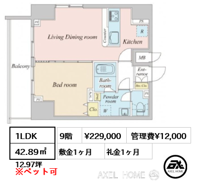間取り1 1LDK 42.89㎡ 賃料¥229,000 管理費¥12,000 敷金1ヶ月 礼金1ヶ月