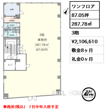 間取り1 ワンフロア 287.78㎡  賃料¥2,106,610 敷金8ヶ月 礼金0ヶ月 事務所(税込)　7月中旬入居予定