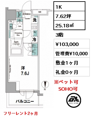 間取り1 1K 25.18㎡ 3階 賃料¥103,000 管理費¥10,000 敷金1ヶ月 礼金0ヶ月 フリーレント2ヶ月
