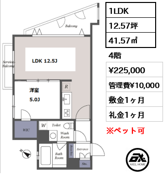 間取り1 1LDK 41.57㎡  賃料¥225,000 管理費¥10,000 敷金1ヶ月 礼金1ヶ月 　　　　　