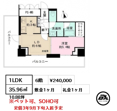 間取り1 1LDK 35.96㎡ 6階 賃料¥240,000 敷金1ヶ月 礼金1ヶ月 定借3年9月下旬入居予定