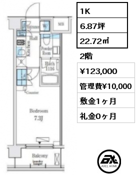 間取り1 1K 22.72㎡ 2階 賃料¥123,000 管理費¥10,000 敷金1ヶ月 礼金0ヶ月 　