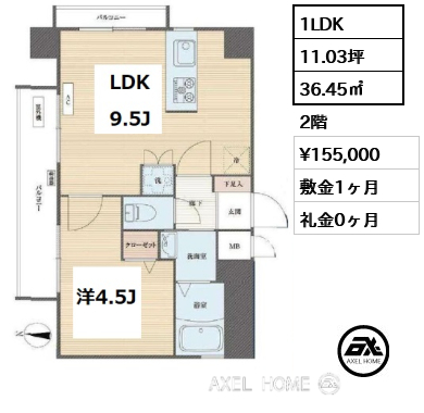 1LDK 36.45㎡  賃料¥155,000 敷金1ヶ月 礼金0ヶ月 　