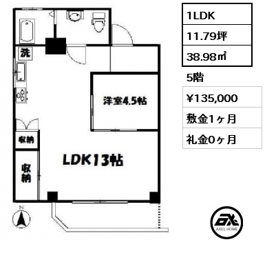 間取り1 1LDK 38.98㎡ 5階 賃料¥135,000 敷金1ヶ月 礼金0ヶ月 　