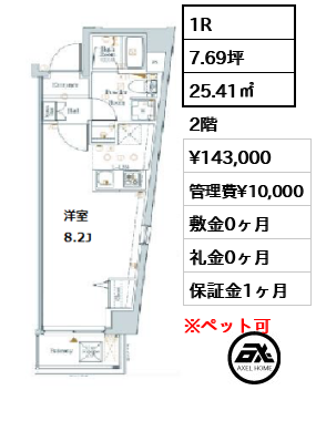 間取り1 1R 25.41㎡  賃料¥143,000 管理費¥10,000 敷金0ヶ月 礼金0ヶ月