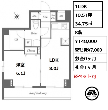 間取り1 1LDK 34.75㎡ 8階 賃料¥148,000 管理費¥7,000 敷金0ヶ月 礼金1ヶ月