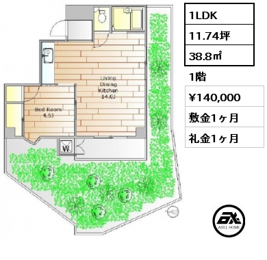 間取り1 1LDK 38.8㎡ 1階 賃料¥140,000 敷金1ヶ月 礼金1ヶ月 10月下旬入居予定