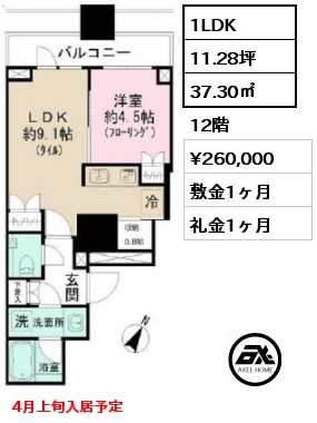 間取り1 1LDK 37.30㎡ 12階 賃料¥260,000 敷金1ヶ月 礼金1ヶ月 4月上旬入居予定
