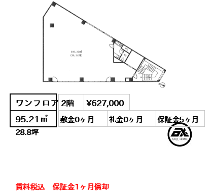 間取り1 ワンフロア 95.21㎡  賃料¥627,000 敷金0ヶ月 礼金0ヶ月 賃料税込　保証金1ヶ月償却