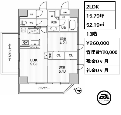 間取り1 2LDK 52.19㎡ 13階 賃料¥260,000 管理費¥20,000 敷金0ヶ月 礼金0ヶ月 　