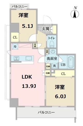 間取り1 2LDK 56.73㎡ 6階 賃料¥230,000 管理費¥10,000 敷金1ヶ月 礼金1ヶ月