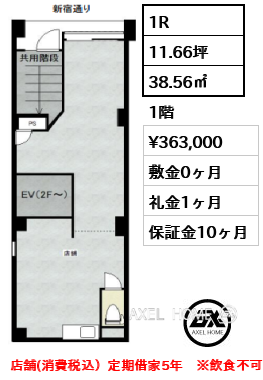 間取り1 1R 38.56㎡  賃料¥363,000 敷金0ヶ月 礼金1ヶ月 店舗(消費税込）定期借家5年　※飲食不可　7月下旬入居予定