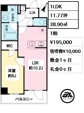 間取り1 1LDK 38.90㎡  賃料¥195,000 管理費¥10,000 敷金1ヶ月 礼金0ヶ月 　　