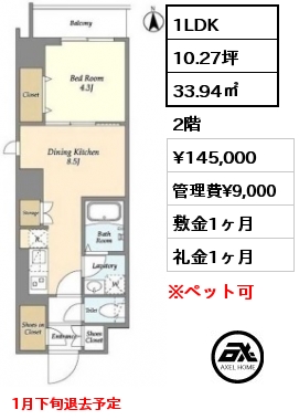 間取り1 1LDK 33.94㎡ 2階 賃料¥145,000 管理費¥9,000 敷金1ヶ月 礼金0ヶ月 4月上旬入居予定