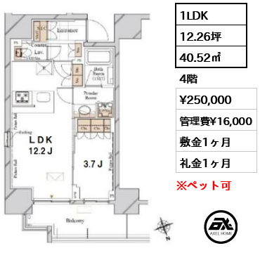 間取り1 1LDK 40.52㎡  賃料¥250,000 管理費¥16,000 敷金1ヶ月 礼金1ヶ月